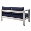 Shore Sunbrella� Fabric Aluminum Outdoor Patio Left-Arm Loveseat in Silver Navy