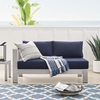 Shore Sunbrella� Fabric Aluminum Outdoor Patio Left-Arm Loveseat in Silver Navy