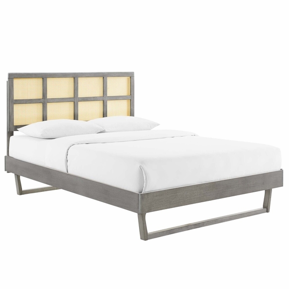 Sidney Cane and Wood Queen Platform Bed with Angular Legs in Gray