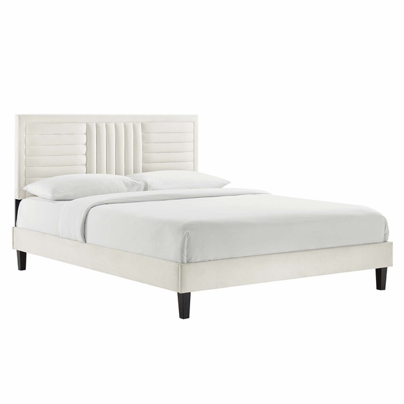 Sofia Channel Tufted Performance Velvet Queen Platform Bed in White
