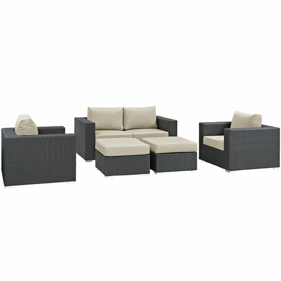 Sojourn 5 Piece Outdoor Patio Sunbrella&reg; Sectional Set in Canvas Antique Beige