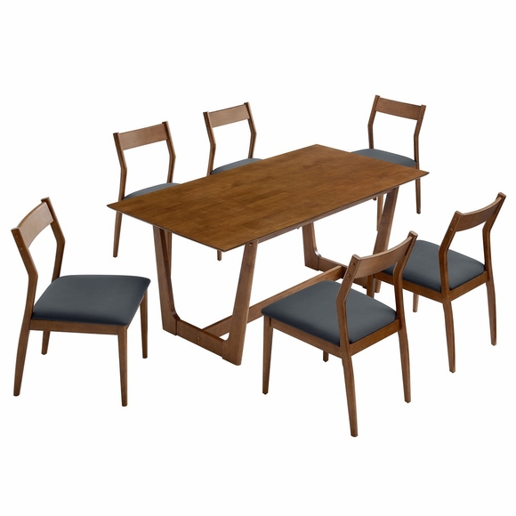 Solara 7-Piece Wood Dining Set with Vegan Leather Side Chairs in Walnut Black