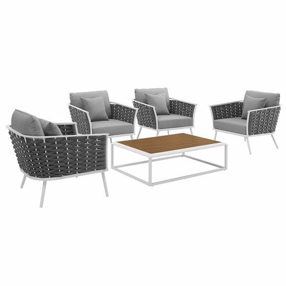 Stance 5 Piece Outdoor Patio Aluminum Sectional Sofa Set in White Gray