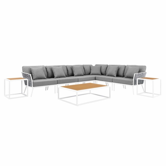 Stance 9 Piece Aluminum Outdoor Patio Aluminum Sectional Sofa Set in White Gray