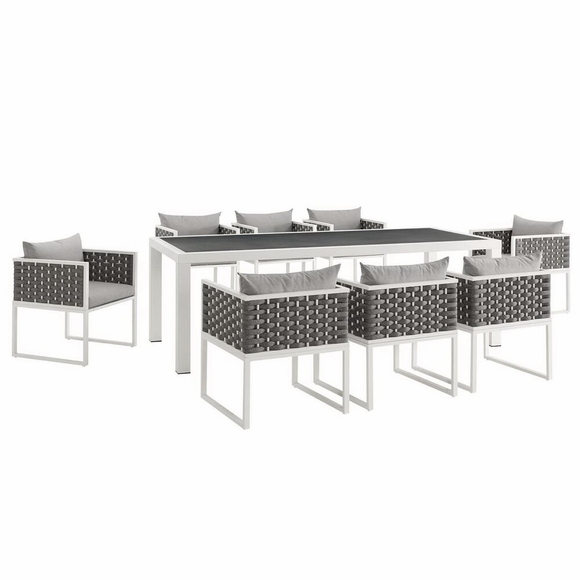 Stance 9 Piece Outdoor Patio Aluminum Dining Set in White Gray