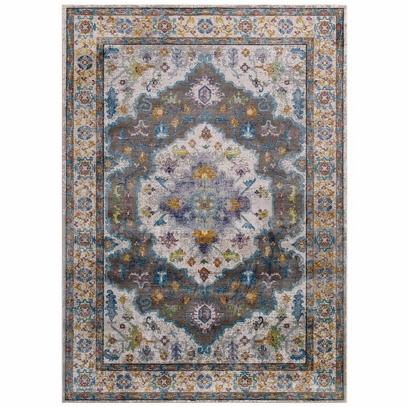 Success Anisah Distressed Floral Vintage Medallion 4x6 Area Rug in Gray Ivory Yellow Orange
