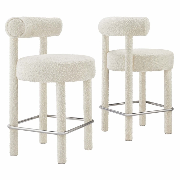 Toulouse Boucle Fabric Counter Stool Set of 2 in Ivory Silver
