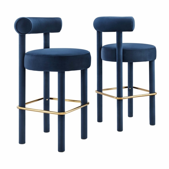 Toulouse Performance Velvet Bar Stool Set of 2 in Midnight Blue Gold