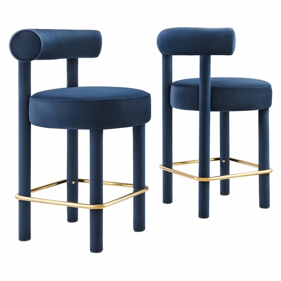 Toulouse Performance Velvet Counter Stool Set of 2 in Midnight Blue Gold