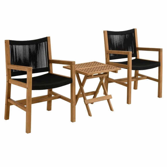 Vienna 3-Piece Outdoor Patio Teak and Rope Armchairs with Folding Side Table