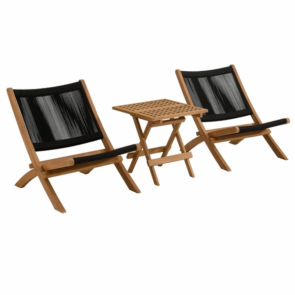 Vienna 3-Piece Outdoor Patio Teak and Rope Folding Lounge Chairs and Side Table