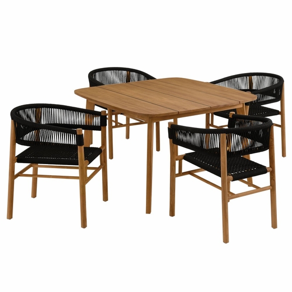 Vienna 5-Piece Outdoor Patio Teak and Rope Dining Set with Curved-Back Armchairs
