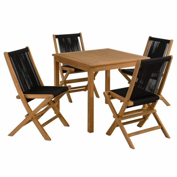 Vienna 5-Piece Outdoor Patio Teak Wood Dining Set with Rope Folding Chairs