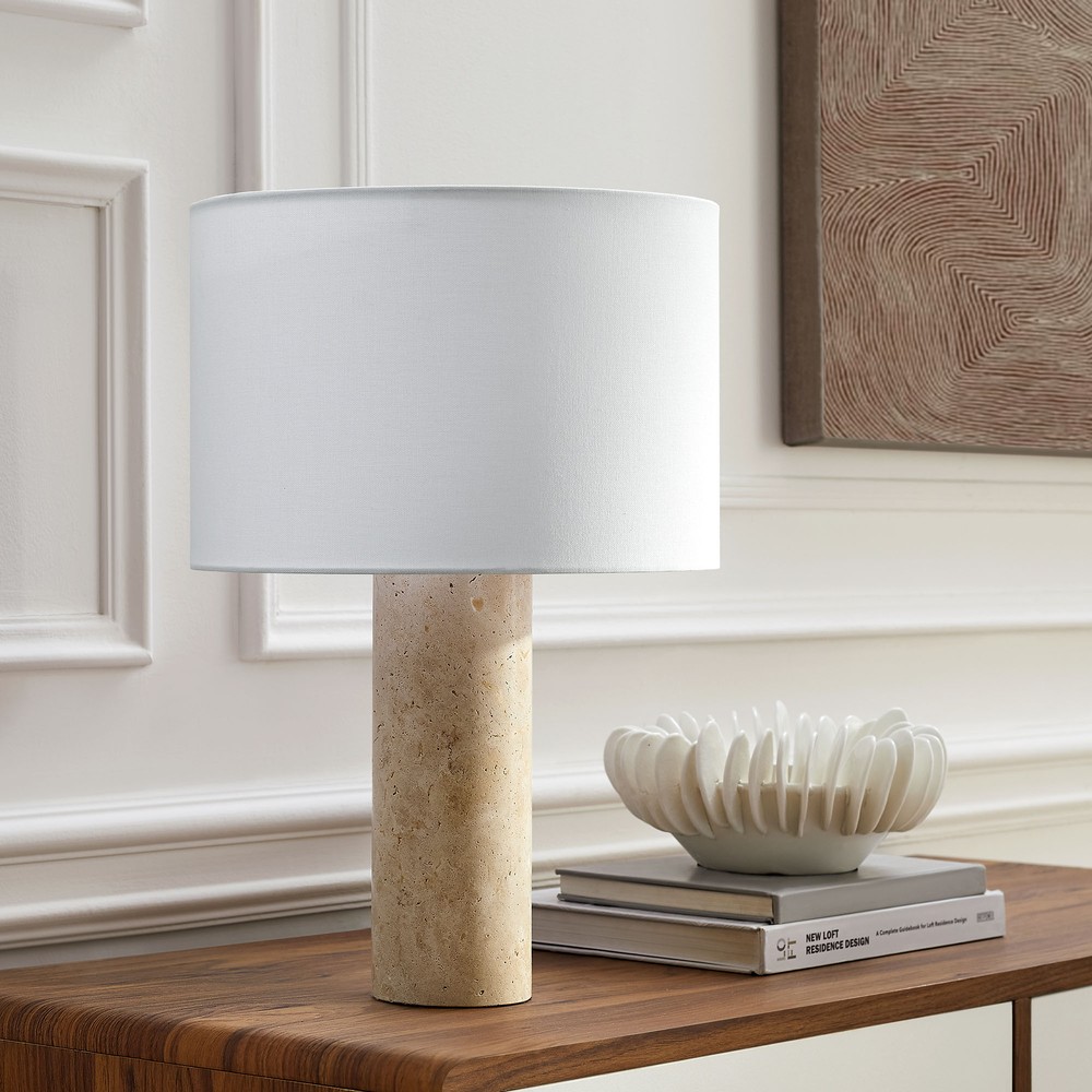Zenith Travertine Table Lamp With Fabric Drum Shade in Travertine ...