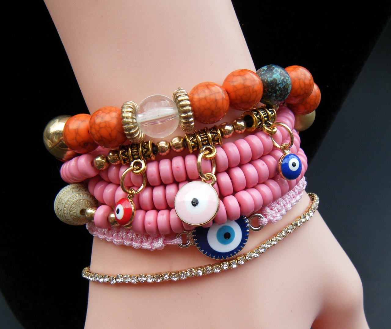 Beaded multi wrap around evil eye fashion bracelet