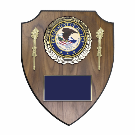 10 x 12 Inch Walnut Veneer Shield Plaque with 4 Inch Department of Justice Medallion Insert