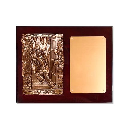 13 x 10-1/2 Inch Rosewood Piano Finish Fire Fighter Plaque With Electroplated Bronze Plaque Mount And Copper Plate