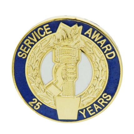 3/4 Inch Gold "Service Award 25 Years" with Torch and Hand Enameled Lapel Pin