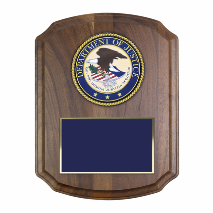 8 x 10 Inch Genuine Walnut Plaque with 4 Inch Department Of Justice Medallion Insert