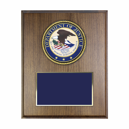 8 x 10 Inch Genuine Walnut Plaque with 4 Inch Department Of Justice Medallion Insert