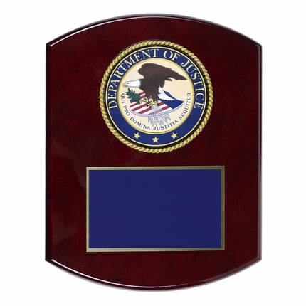 8 x 10 Inch Piano Finish Rose Wood Plaque With 4 Inch Department of Justice Medallion Insert