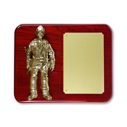 8 x 10 Inch Piano Finish Rosewood Fire Fighter Plaque with Electroplated Brass Figure & Matte Gold Engraving Plate