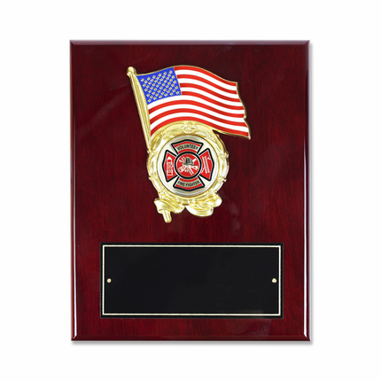 8 x 10 Inch Piano Finish Rosewood Plaque with American Flag and 2 inch Fire Department Medallion Insert