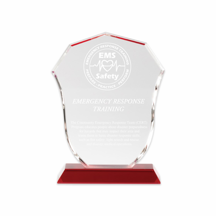 8 x 6 Inch Crystal Shield Trophy With Red Base For Police Or Fire Fighter