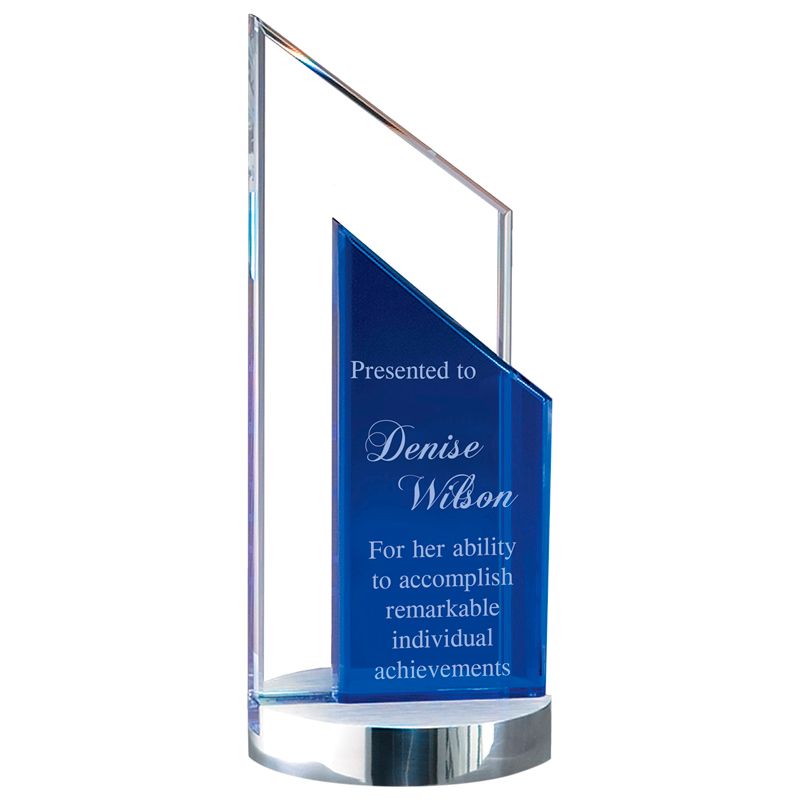 9-3-4-inch-double-peak-clear-and-blue-crystal-award-with-metal-base