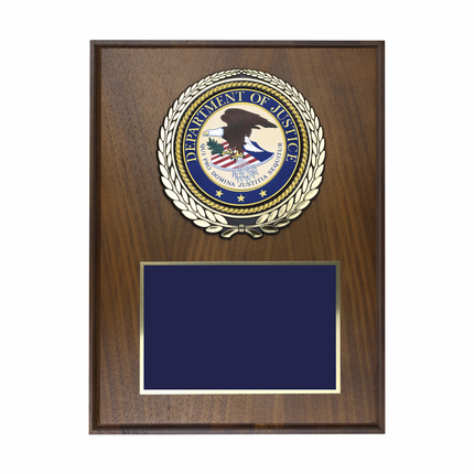 9 x 12 Inch Genuine Walnut Plaque with 4 Inch Department Of Justice Medallion Insert 