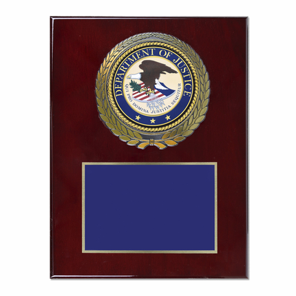 9 x 12 Inch Piano Finish Rose Wood Plaque With 4 Inch Department of Justice Medallion Insert