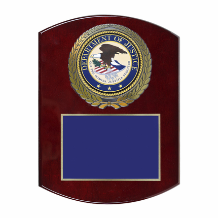 9 x 12 Inch Piano Finish Rose Wood Plaque With 4 Inch Department of Justice Medallion Insert