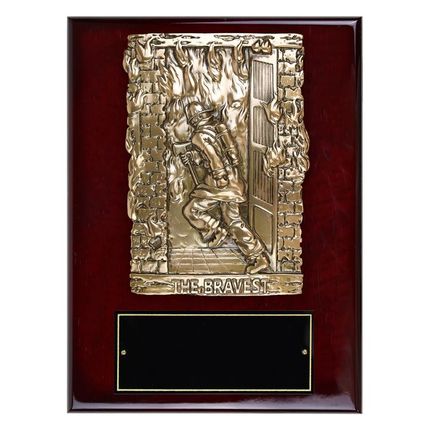 9 x 12 Inch Rosewood Piano Finish Fire Fighter Plaque With Electroplated Brass Plaque Mount And Black Screened Plate