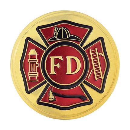 4 Inch Round Raised and Color Printed Fire Department Brass Metal Medallion Decal Disc-Peel and Stick Back