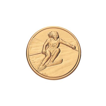 1 Inch Round 3D Stamped Female Ski Racer Brass Metal Medallion Decal Disc-Peel and Stick Back