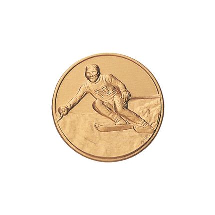1 Inch Round 3D Stamped Male Ski Racer Brass Metal Medallion Decal Disc-Peel and Stick Back