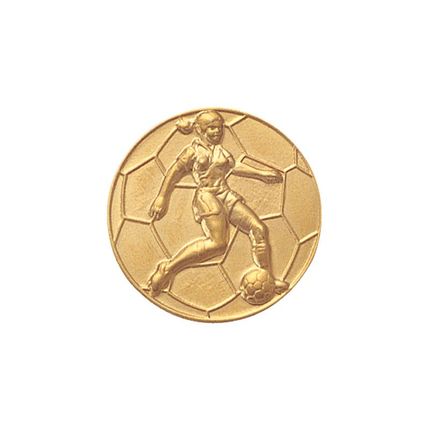 1 Inch Round 3D Stamped Female Soccer Player Brass Metal Medallion Decal Disc-Peel and Stick Back