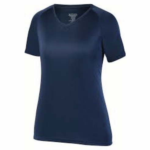 AUGUSTA WOMENS NAVY VNECK DRIFIT SHIRT W SCREENED LOGO ON FRONT AND BACK (RUNS SMALL)