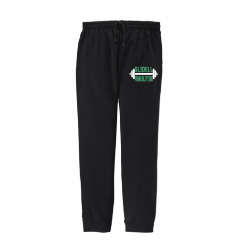 BLACK JERZEES CUFF BOTTOM JOGGER PANT WITH SCREENED LOGO AND POCKETS