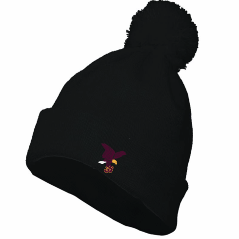 BLACK POM BEANIE WITH EMBROIDERED LOGO