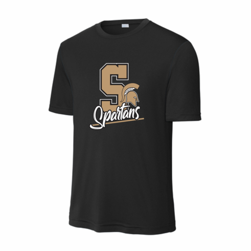 BLACK UNISEX SHORT SLEEVE DRIFIT SHIRT W SCREENED S AND SPARTAN HEAD LOGO 