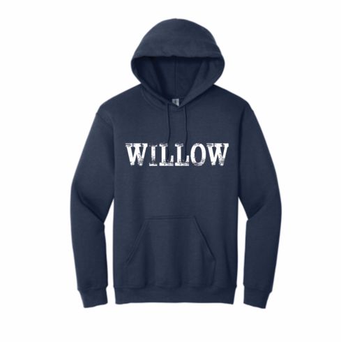 GILDAN UNISEX NAVY HOODIE WITH SCRATCHY WILLOW LOGO WHITE INK