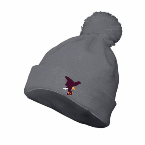 GREY POM BEANIE WITH EMBROIDERED LOGO