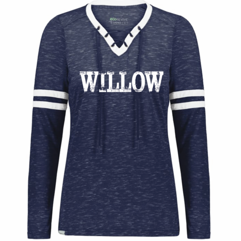 LADIES HEATHER NAVY LONG SLEEVE STRIPED SLEEVE SHIRT W SCRATCHY WILLOW WORD LOGO