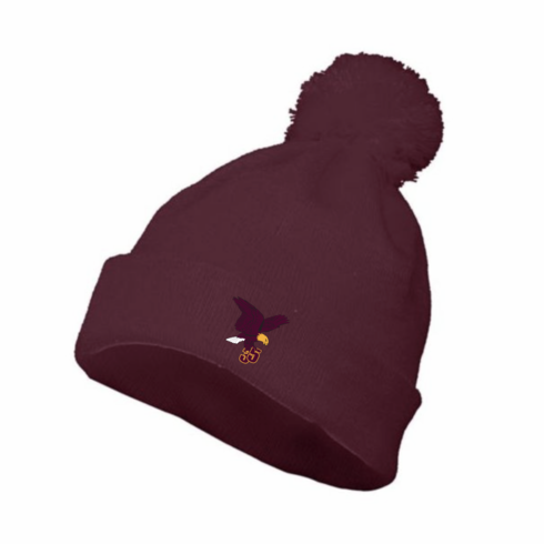 MAROON POM BEANIE WITH EMBROIDERED LOGO