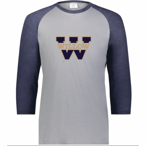 MENS GREY/NAVY 3/4 SLEEVE BASEBALL STYLE SHIRT WITH SCREENED (WILLOW W) LOGO