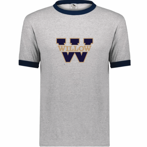 MENS GREY/NAVY RINGER TSHIRT WITH SCREENED (WILLOW W) LOGO