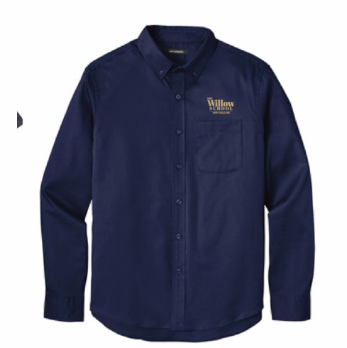MENS NAVY FULL BUTTON DOWN SHIRT WITH EMBR THE WILLOW SCHOOL LOGO