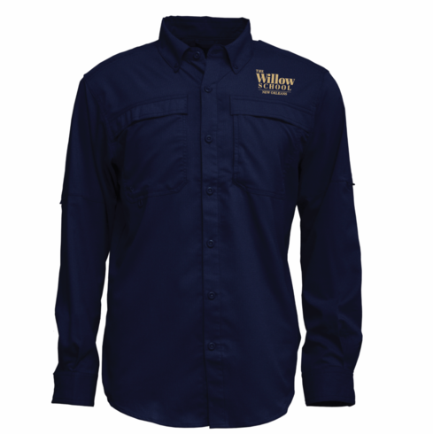 MENS NAVY LONG SLEEVE LIGHT WEIGHT FISHING SHIRT W EMBROIDERED LOGO 