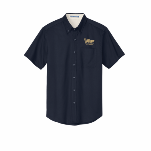 MENS NAVY OXFORD BUTTON DOWN SHORT SLEEVE SHIRT WITH (THE WILLOW SCHOOL) LOGO EMBROIDERED